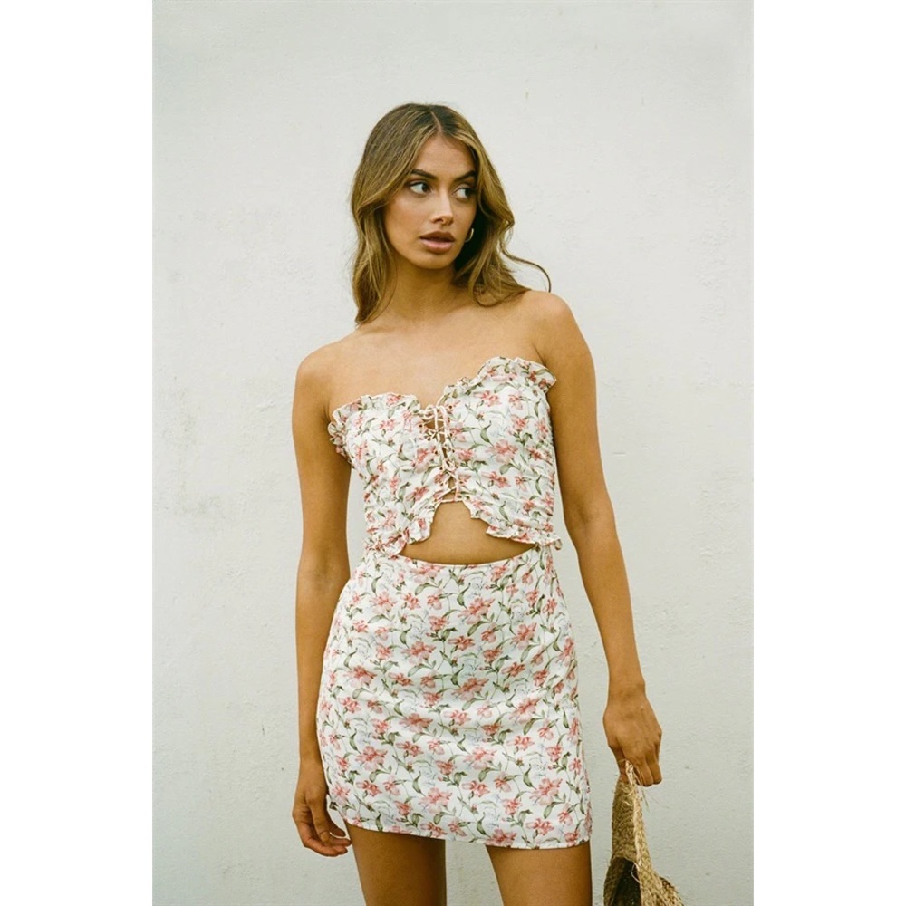 Sabo Skirt Strapless Floral Dress in Pink and White
